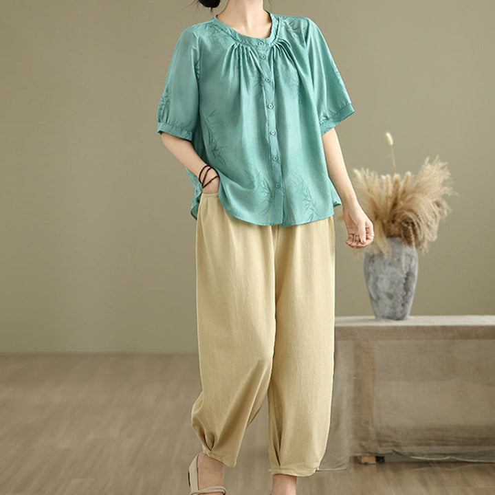 Buddha Stones 2pcs Casual Women's Short Sleeve Shirt Harem Pants Meditation Clothing Set - image 6