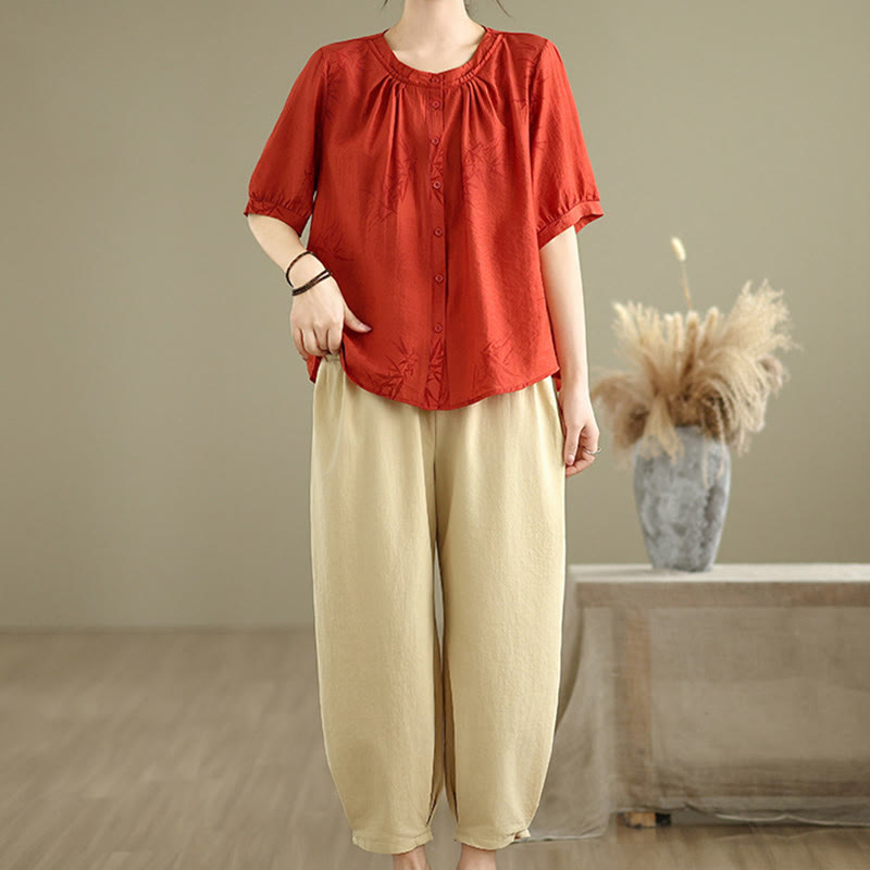 Buddha Stones 2pcs Casual Women's Short Sleeve Shirt Harem Pants Meditation Clothing Set - Red - US12，UK/AU16，EU44 (2XL) - image 8