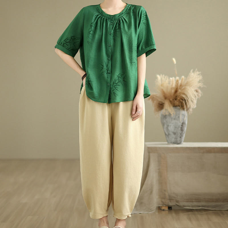 Buddha Stones 2pcs Casual Women's Short Sleeve Shirt Harem Pants Meditation Clothing Set - SeaGreen - US12，UK/AU16，EU44 (2XL) - image 19