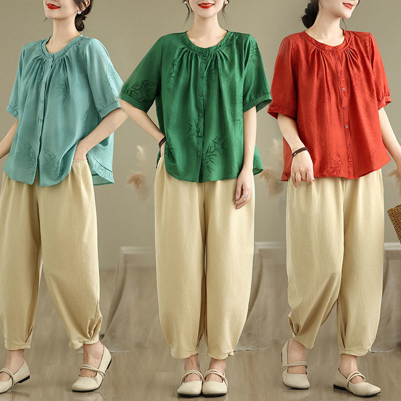 Buddha Stones 2pcs Casual Women's Short Sleeve Shirt Harem Pants Meditation Clothing Set - image 27