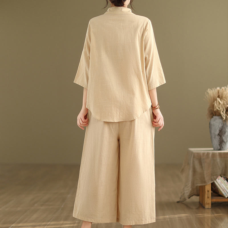 Buddha Stones 2pcs Casual Women's Stand Collar Shirt Loose Pants Meditation Clothing Set - image 4