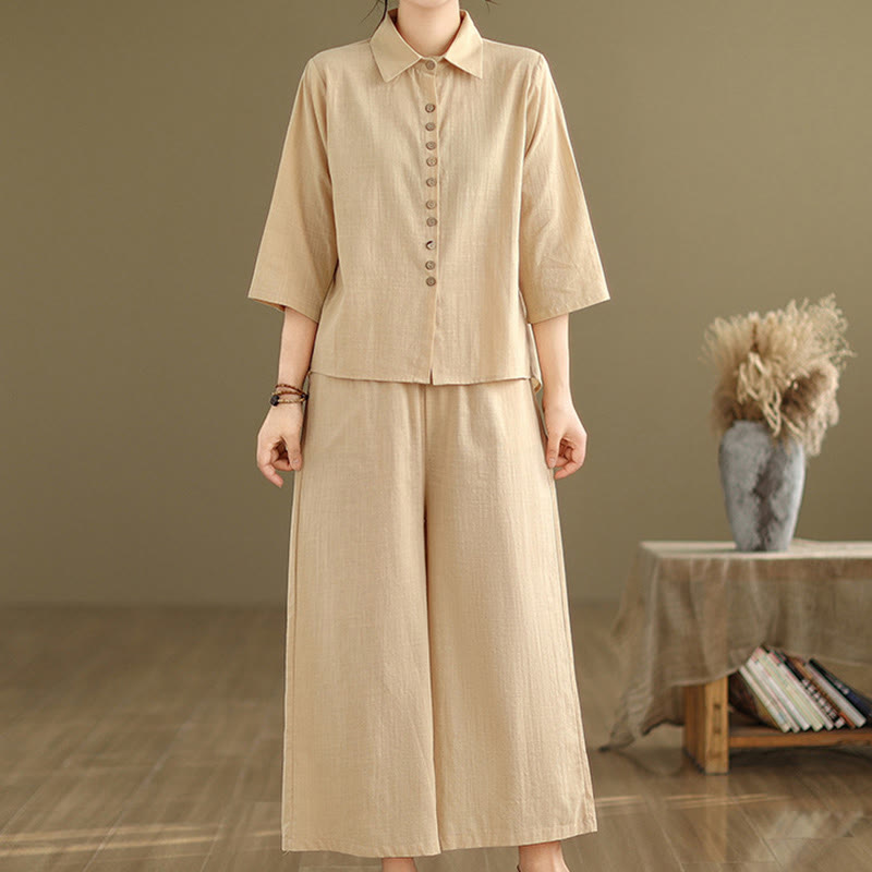 Buddha Stones 2pcs Casual Women's Stand Collar Shirt Loose Pants Meditation Clothing Set - Wheat - US12，UK/AU16，EU44 (2XL) - image 1
