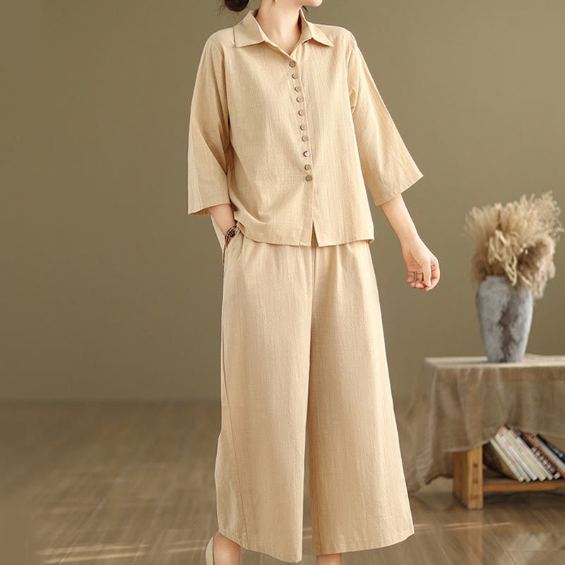Buddha Stones 2pcs Casual Women's Stand Collar Shirt Loose Pants Meditation Clothing Set - image 3