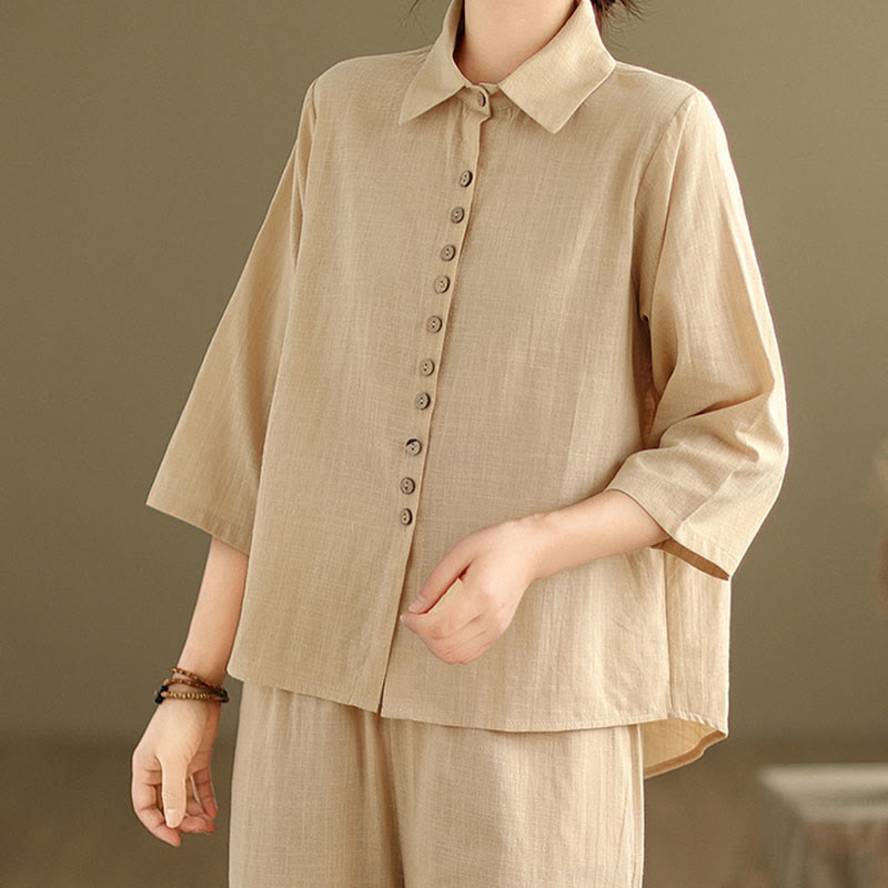 Buddha Stones 2pcs Casual Women's Stand Collar Shirt Loose Pants Meditation Clothing Set - image 6