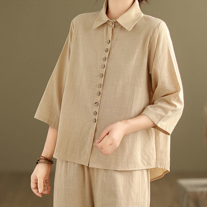 Buddha Stones 2pcs Casual Women's Stand Collar Shirt Loose Pants Meditation Clothing Set - image 6