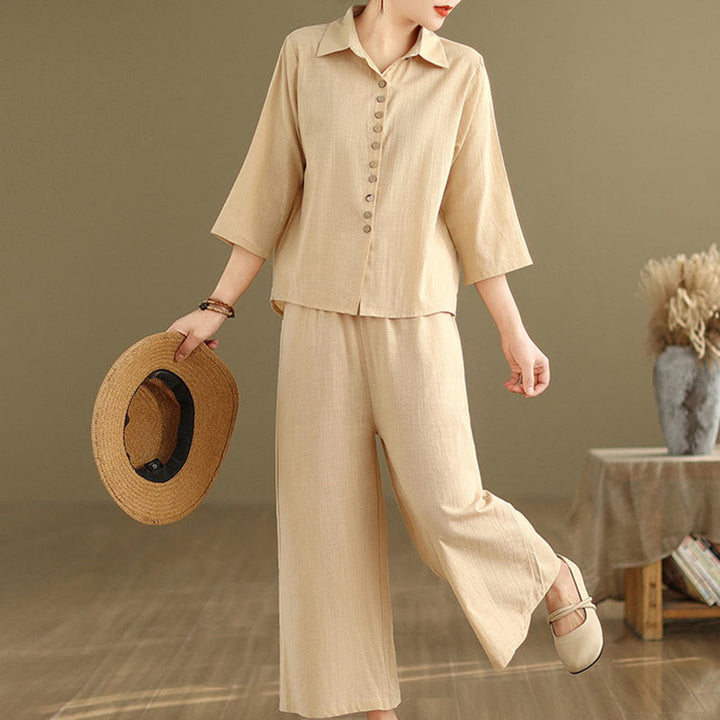 Buddha Stones 2pcs Casual Women's Stand Collar Shirt Loose Pants Meditation Clothing Set - image 3