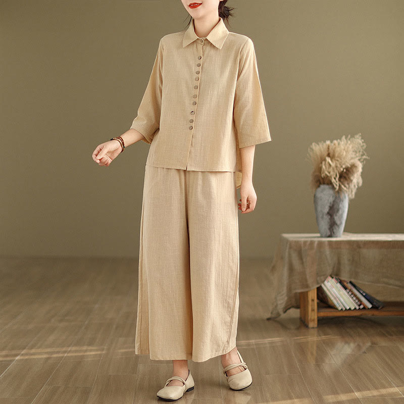 Buddha Stones 2pcs Casual Women's Stand Collar Shirt Loose Pants Meditation Clothing Set - image 2