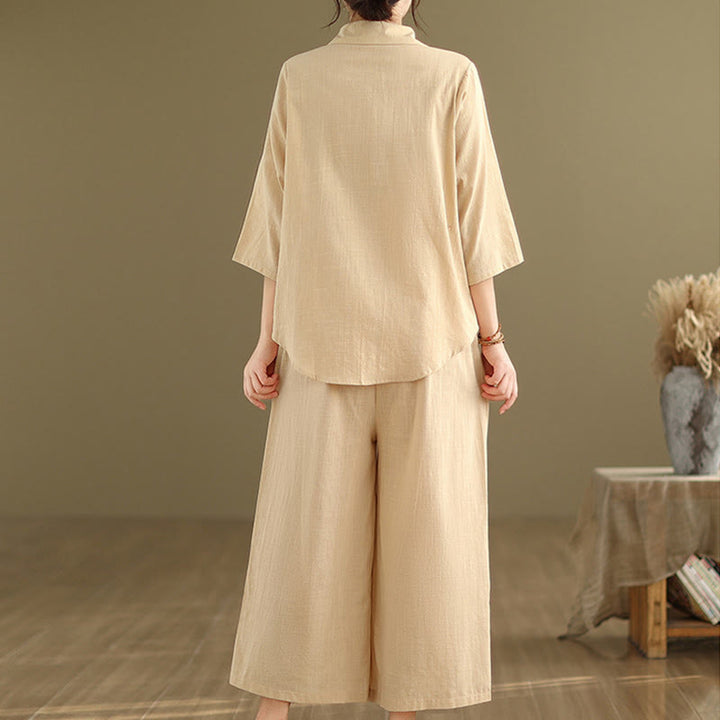 Buddha Stones 2pcs Casual Women's Stand Collar Shirt Loose Pants Meditation Clothing Set - image 5