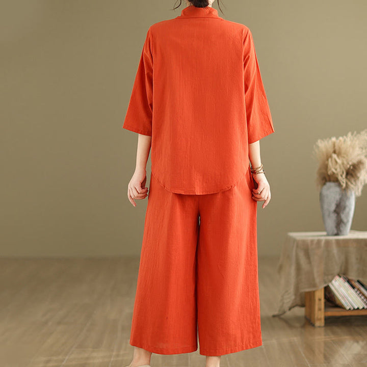 Buddha Stones 2pcs Casual Women's Stand Collar Shirt Loose Pants Meditation Clothing Set - image 12