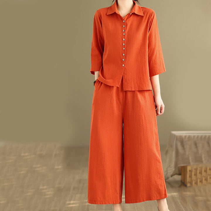 Buddha Stones 2pcs Casual Women's Stand Collar Shirt Loose Pants Meditation Clothing Set - image 10