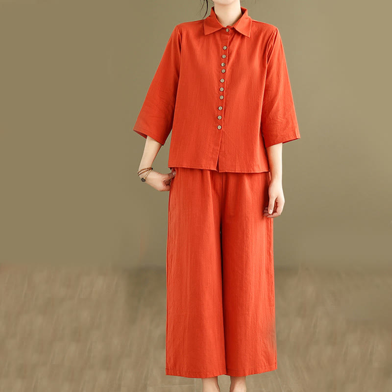 Buddha Stones 2pcs Casual Women's Stand Collar Shirt Loose Pants Meditation Clothing Set - OrangeRed - US12，UK/AU16，EU44 (2XL) - image 8