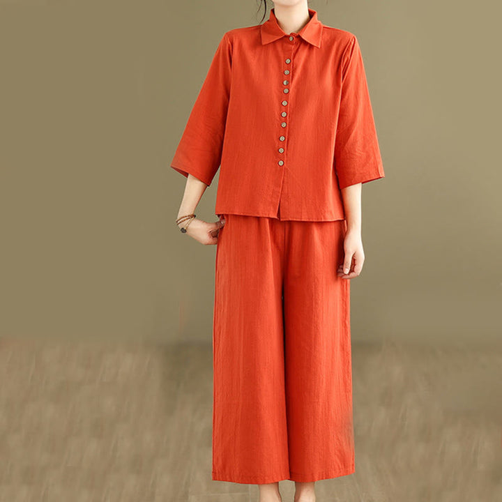 Buddha Stones 2pcs Casual Women's Stand Collar Shirt Loose Pants Meditation Clothing Set - OrangeRed - US12，UK/AU16，EU44 (2XL) - image 8