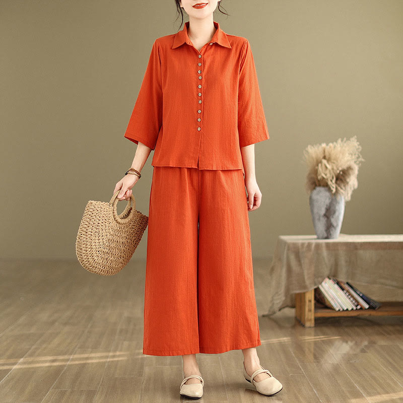 Buddha Stones 2pcs Casual Women's Stand Collar Shirt Loose Pants Meditation Clothing Set - image 15