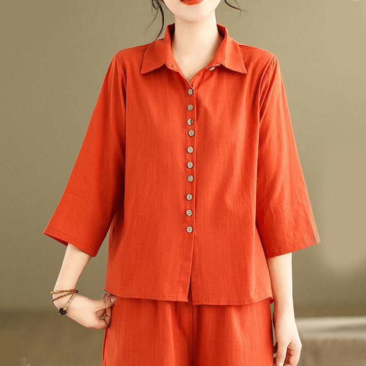 Buddha Stones 2pcs Casual Women's Stand Collar Shirt Loose Pants Meditation Clothing Set - image 16