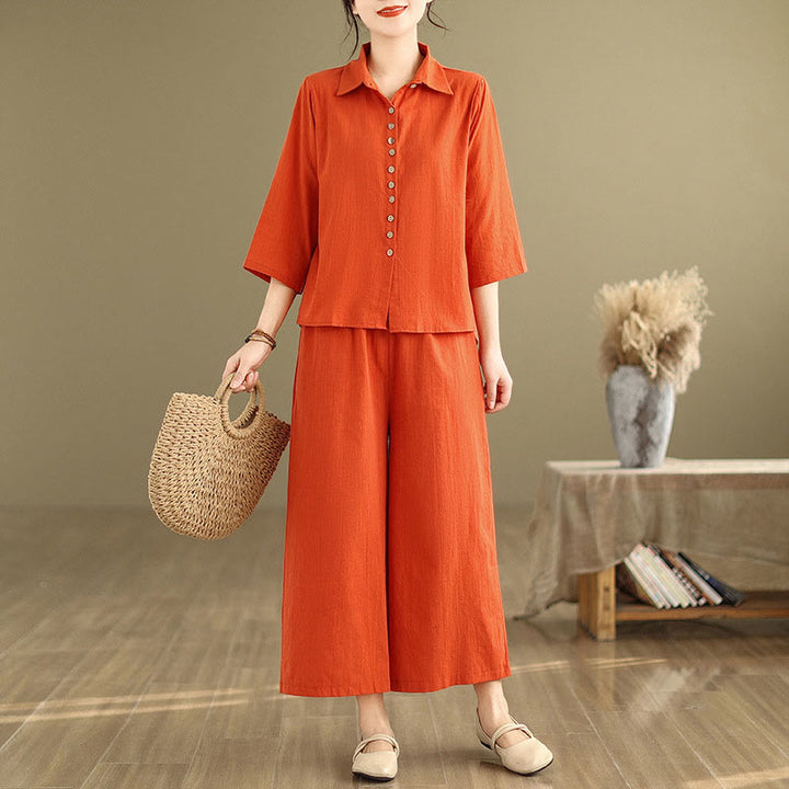 Buddha Stones 2pcs Casual Women's Stand Collar Shirt Loose Pants Meditation Clothing Set - image 14