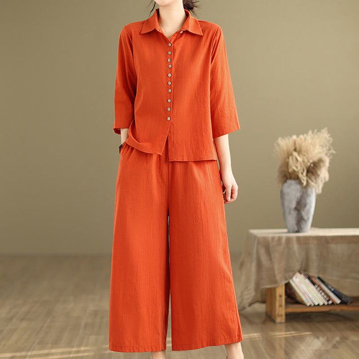 Buddha Stones 2pcs Casual Women's Stand Collar Shirt Loose Pants Meditation Clothing Set - image 10