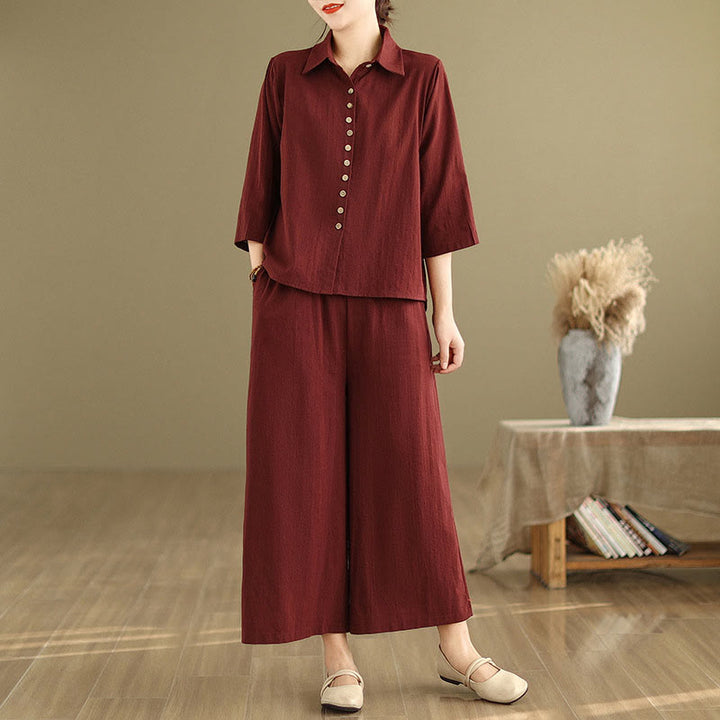 Buddha Stones 2pcs Casual Women's Stand Collar Shirt Loose Pants Meditation Clothing Set - Maroon - US12，UK/AU16，EU44 (2XL) - image 22