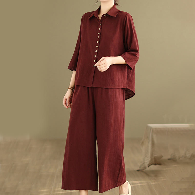 Buddha Stones 2pcs Casual Women's Stand Collar Shirt Loose Pants Meditation Clothing Set - image 24