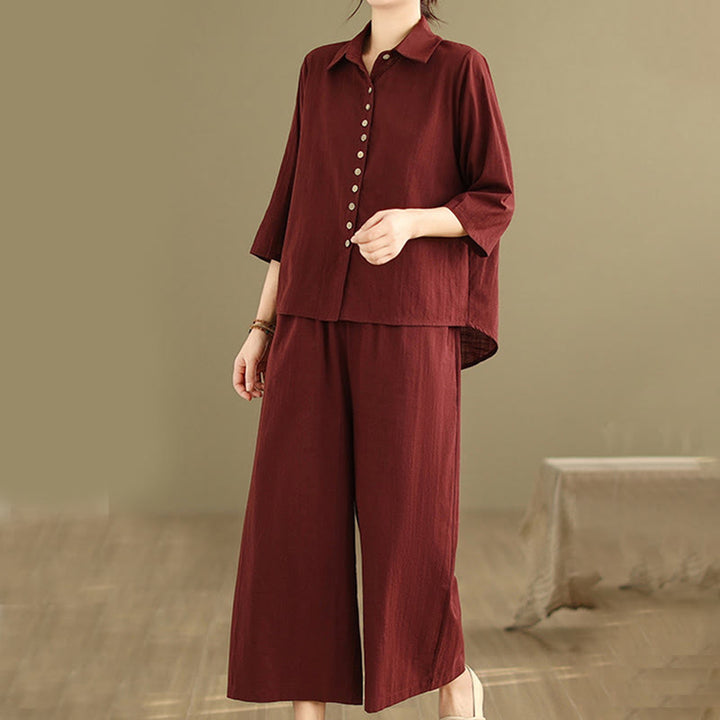 Buddha Stones 2pcs Casual Women's Stand Collar Shirt Loose Pants Meditation Clothing Set - image 24