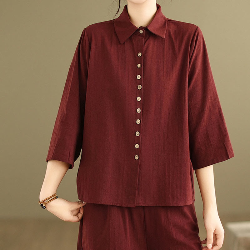Buddha Stones 2pcs Casual Women's Stand Collar Shirt Loose Pants Meditation Clothing Set - image 26