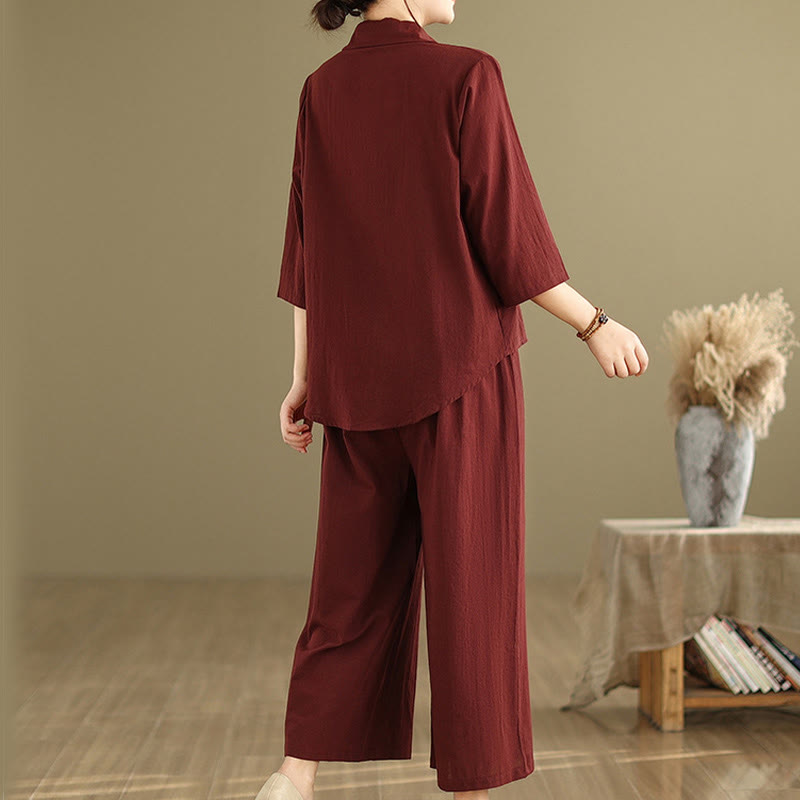 Buddha Stones 2pcs Casual Women's Stand Collar Shirt Loose Pants Meditation Clothing Set - image 24