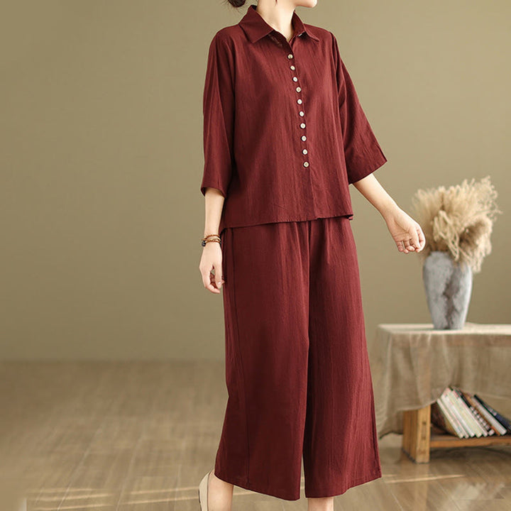 Buddha Stones 2pcs Casual Women's Stand Collar Shirt Loose Pants Meditation Clothing Set - image 23
