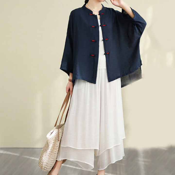 Buddha Stones 2pcs Casual Women's Frog Button Shirt Loose Pants Meditation Clothing Set - MidnightBlue - US12，UK/AU16，EU44 (XL) - image 1