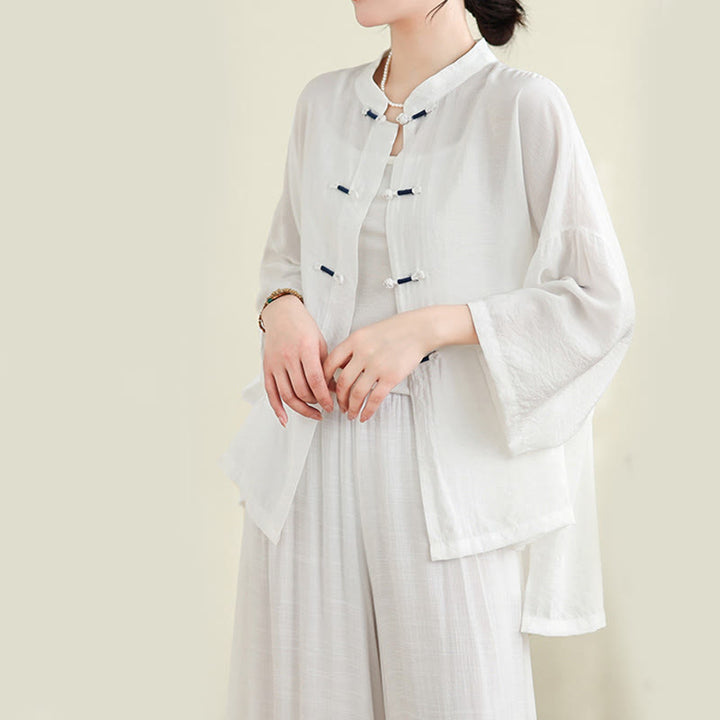 Buddha Stones 2pcs Casual Women's Frog Button Shirt Loose Pants Meditation Clothing Set - image 10