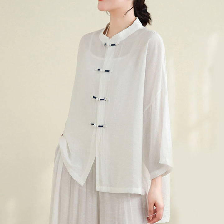 Buddha Stones 2pcs Casual Women's Frog Button Shirt Loose Pants Meditation Clothing Set - image 13