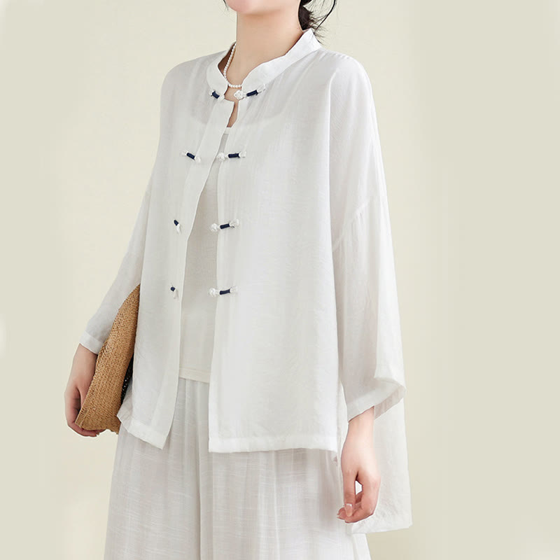 Buddha Stones 2pcs Casual Women's Frog Button Shirt Loose Pants Meditation Clothing Set - image 15