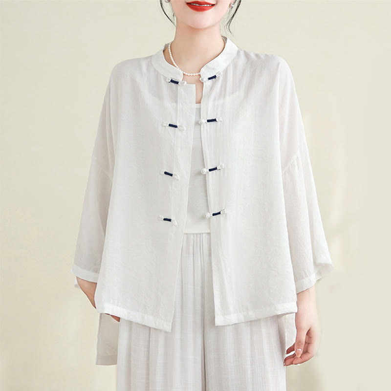 Buddha Stones 2pcs Casual Women's Frog Button Shirt Loose Pants Meditation Clothing Set - image 9