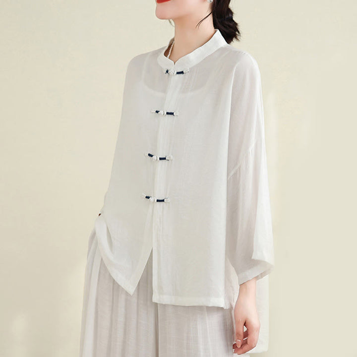 Buddha Stones 2pcs Casual Women's Frog Button Shirt Loose Pants Meditation Clothing Set - image 17