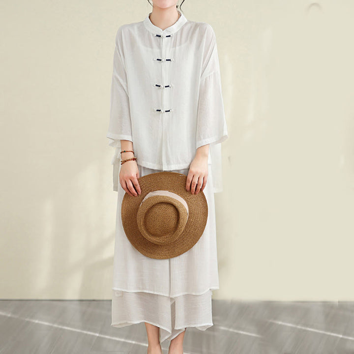 Buddha Stones 2pcs Casual Women's Frog Button Shirt Loose Pants Meditation Clothing Set - image 16