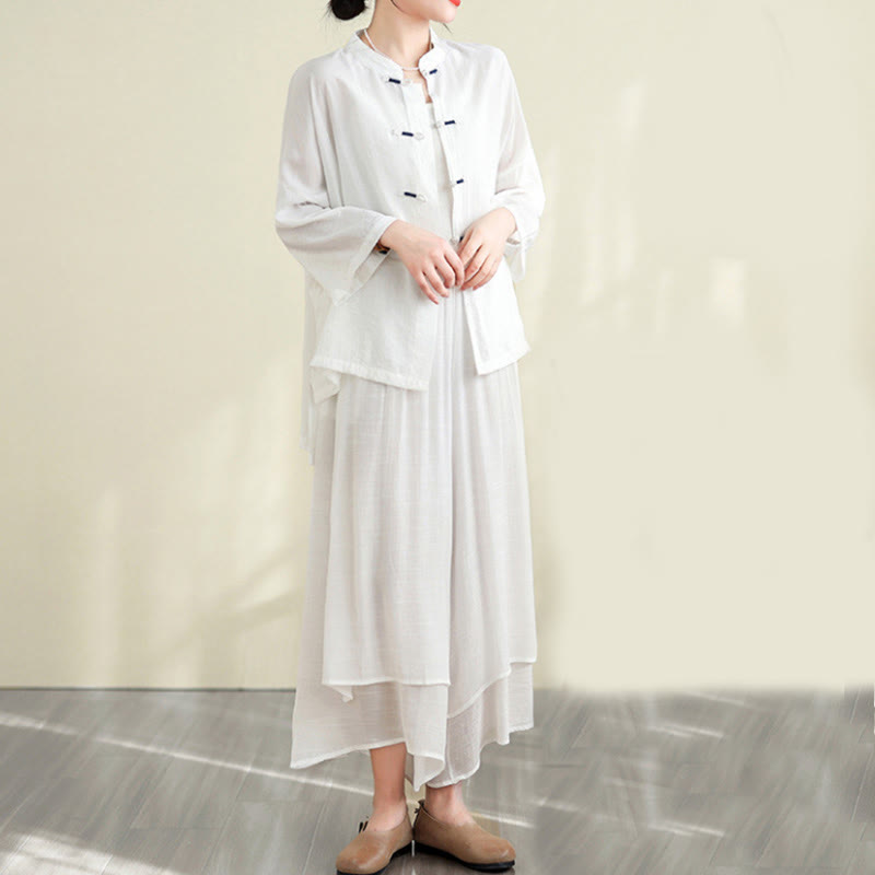Buddha Stones 2pcs Casual Women's Frog Button Shirt Loose Pants Meditation Clothing Set - Snow - US12，UK/AU16，EU44 (XL) - image 7