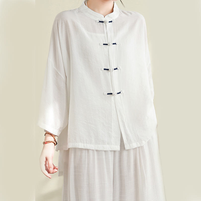 Buddha Stones 2pcs Casual Women's Frog Button Shirt Loose Pants Meditation Clothing Set - image 12
