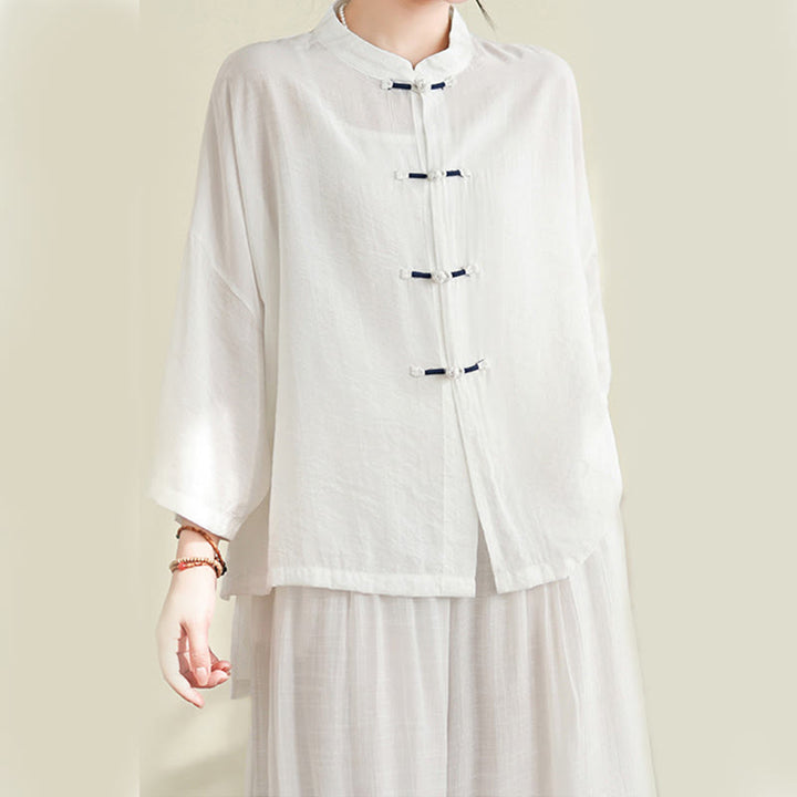 Buddha Stones 2pcs Casual Women's Frog Button Shirt Loose Pants Meditation Clothing Set - image 12