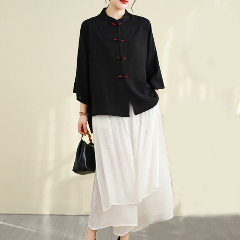 Buddha Stones 2pcs Casual Women's Frog Button Shirt Loose Pants Meditation Clothing Set - image 22