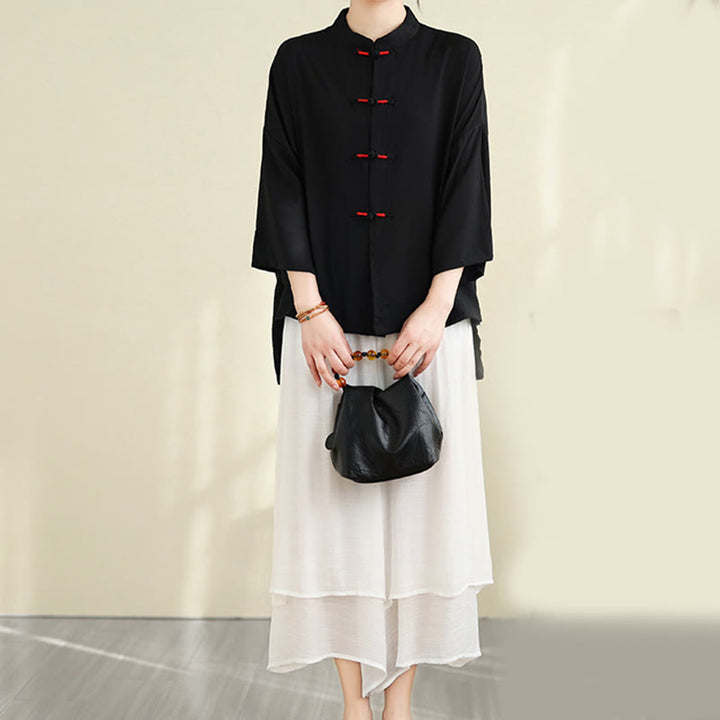 Buddha Stones 2pcs Casual Women's Frog Button Shirt Loose Pants Meditation Clothing Set - image 26