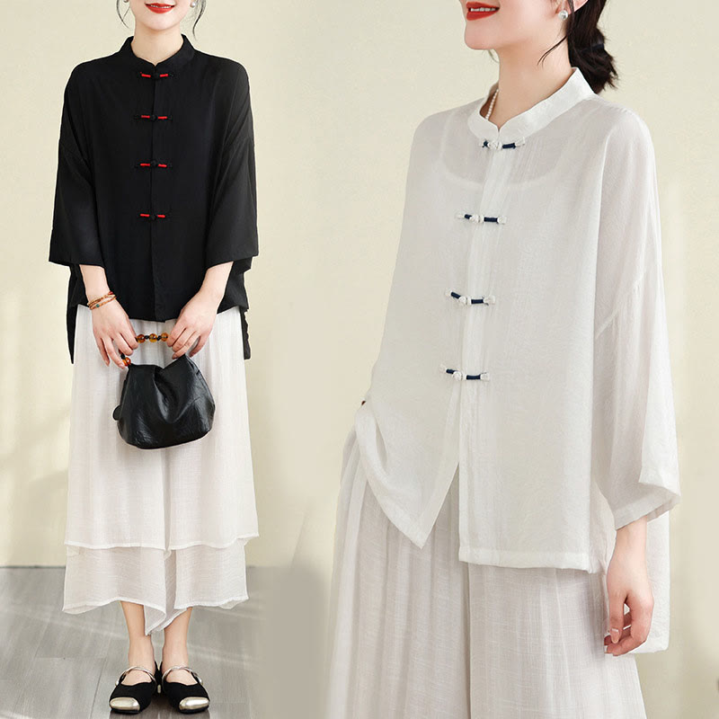 Buddha Stones 2pcs Casual Women's Frog Button Shirt Loose Pants Meditation Clothing Set - image 27