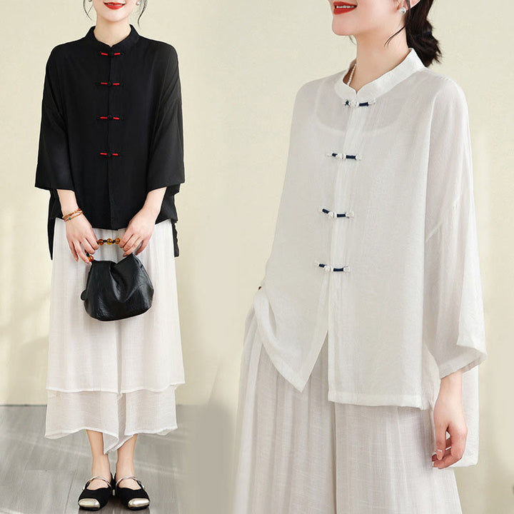 Buddha Stones 2pcs Casual Women's Frog Button Shirt Loose Pants Meditation Clothing Set - image 27
