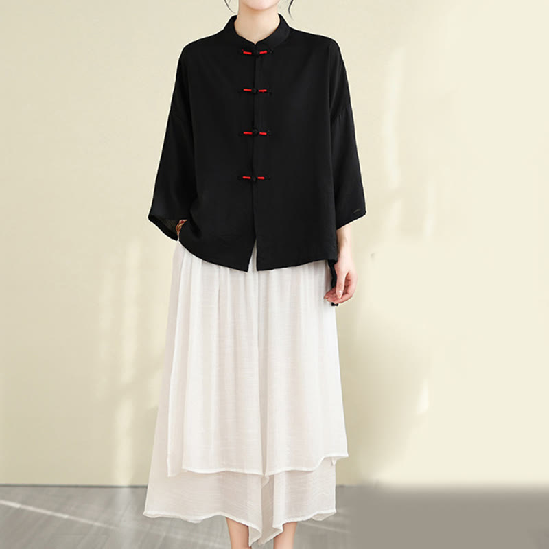 Buddha Stones 2pcs Casual Women's Frog Button Shirt Loose Pants Meditation Clothing Set - Black - US12，UK/AU16，EU44 (XL) - image 20
