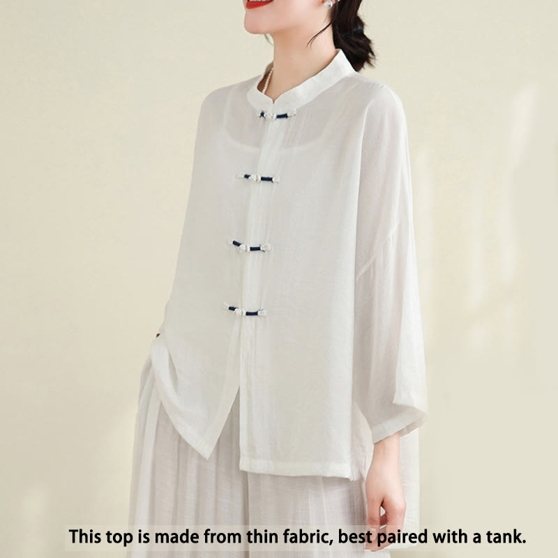 Buddha Stones 2pcs Casual Women's Frog Button Shirt Loose Pants Meditation Clothing Set - image 8