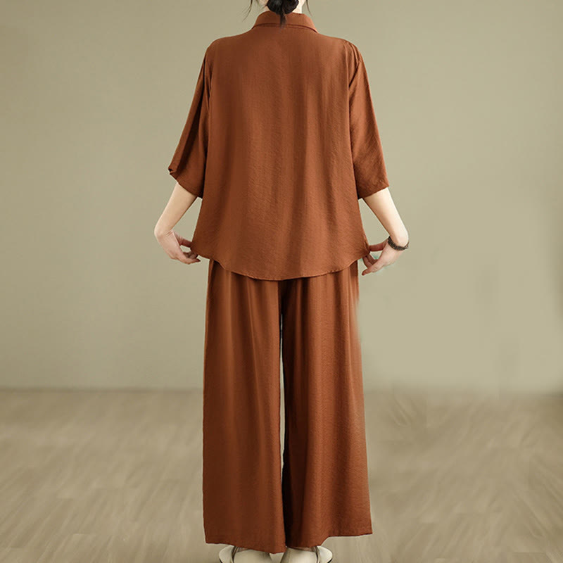 Buddha Stones 2pcs Casual Women's Stand Collar Shirt Loose Pants Meditation Clothing Set - image 3