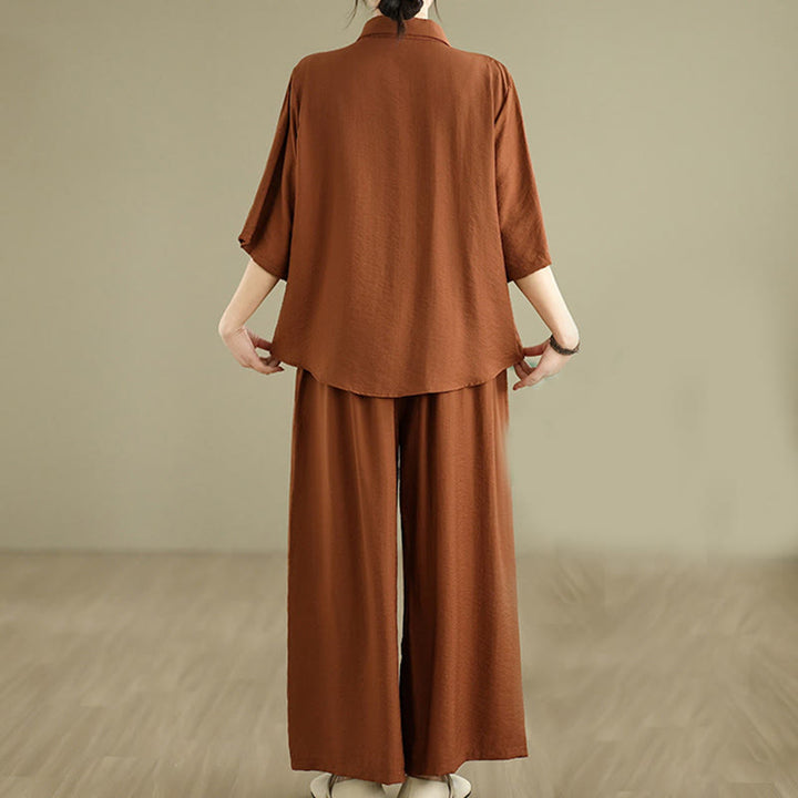 Buddha Stones 2pcs Casual Women's Stand Collar Shirt Loose Pants Meditation Clothing Set - image 3