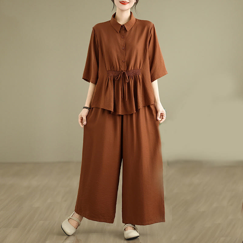 Buddha Stones 2pcs Casual Women's Stand Collar Shirt Loose Pants Meditation Clothing Set - Sienna - US12，UK/AU16，EU44 (2XL) - image 1