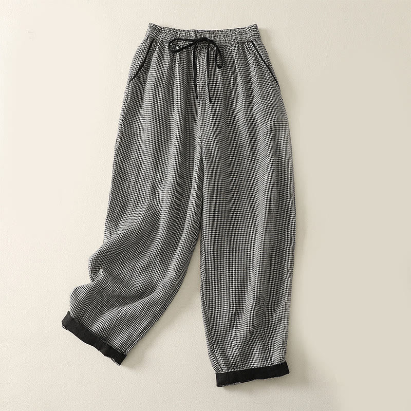 Buddha Stones Plaid Pattern Drawstring Women's Cotton Linen Harem Pants With Pockets - Black - US8-10，UK/AU12-14，EU40-42 (2XL) - image 1