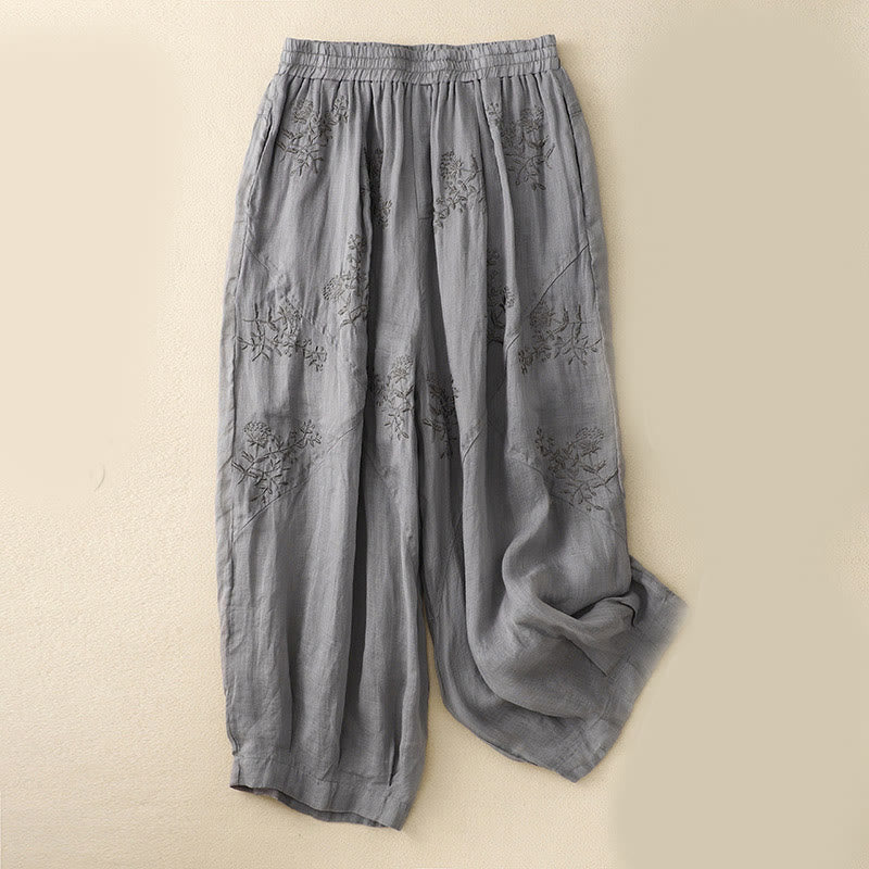 Buddha Stones Embroidered Pattern Women's Cotton Linen Harem Pants With Pockets - Gray - US12，UK/AU16，EU44 (3XL) - image 1