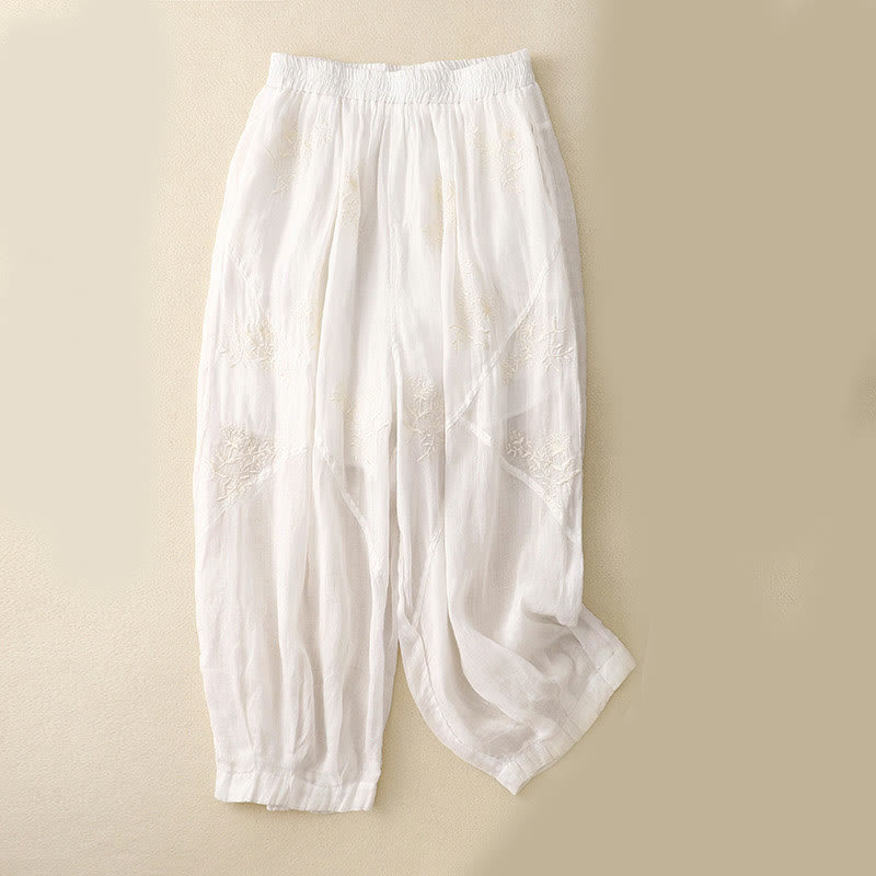 Buddha Stones Embroidered Pattern Women's Cotton Linen Harem Pants With Pockets - White - US12，UK/AU16，EU44 (3XL) - image 6