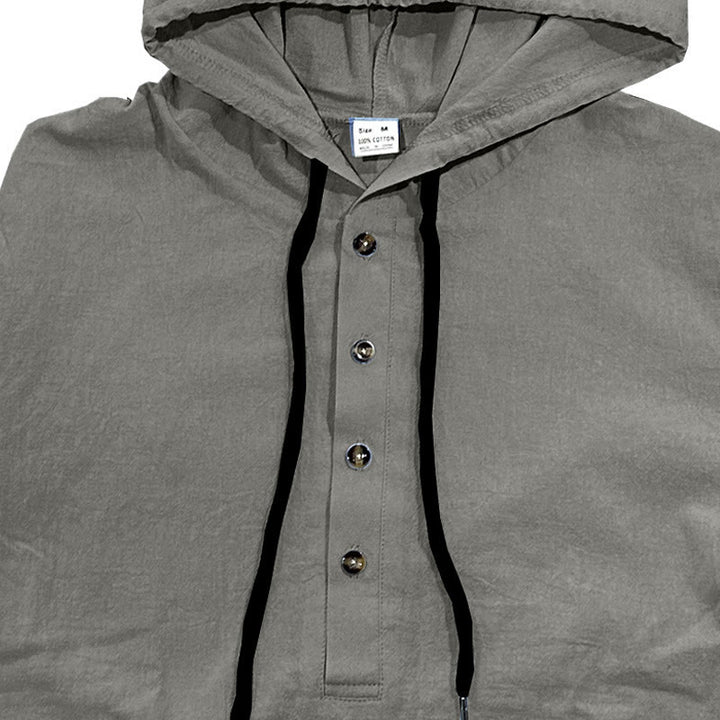 Buddha Stones Solid Color Fall Half Buttons Men's Hooded Long Sleeve Cotton Shirt - image 10