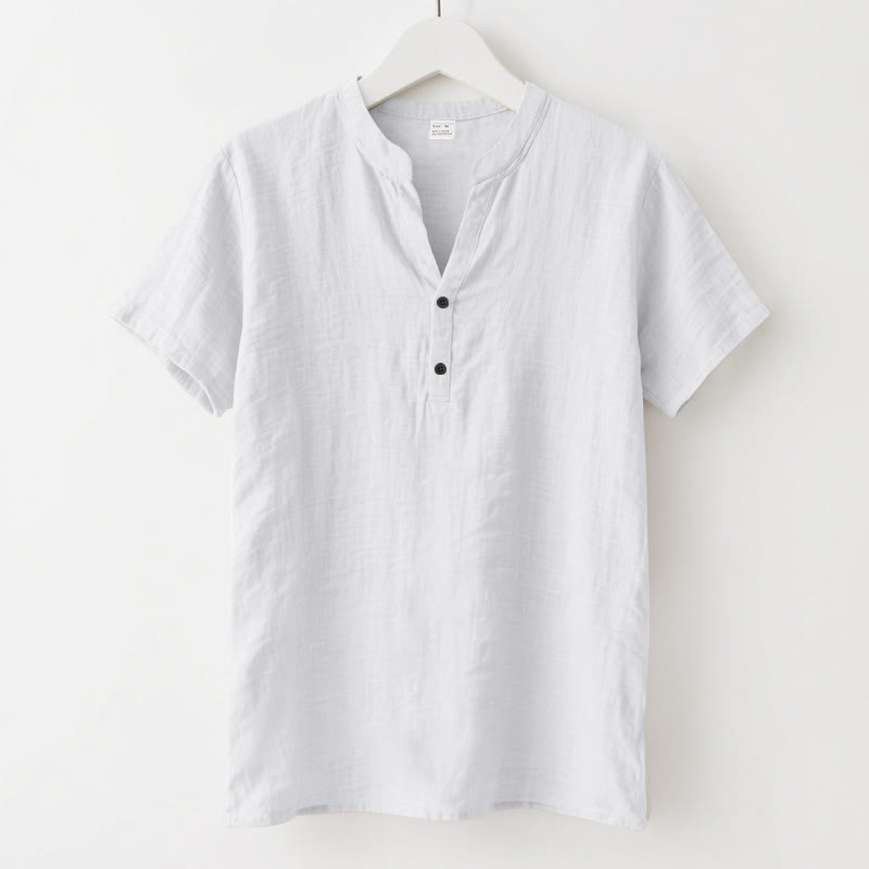 Buddha Stones Solid Summer Short Sleeve Half Buttons Linen Men's Shirt - White - US/UK/AU46，EU56 (3XL) - image 6